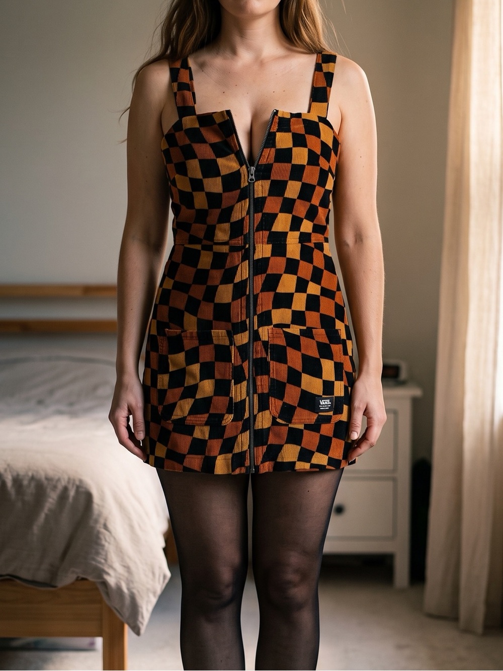 Vans - 'Jagger' corduroy zip-front mini dress in a brown and black checked - XS